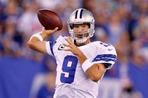 Dallas Cowboys quarterback Tony Romo throws during the first half of an NFL football game against the New York Giants Wednesday, Sept. 5, 2012, in East Rutherford, N.J. (AP Photo/Julio Cortez)